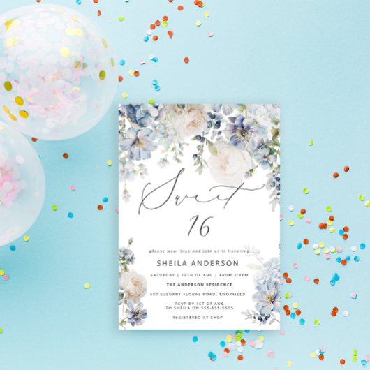 Dusty Blue & Blush Pink Floral Sweet 16 Verjaardag Kaart