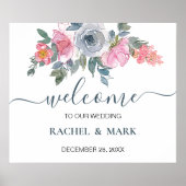 Dusty Blue Blush Pink Floral Weddenschap Welkomstt Poster (Voorkant)