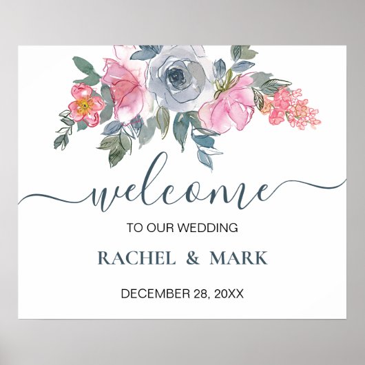 Dusty Blue Blush Pink Floral Weddenschap Welkomstt Poster (Voorkant)