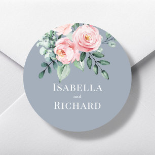 Dusty Blue Blush Pink Floral Wedding Ronde Sticker