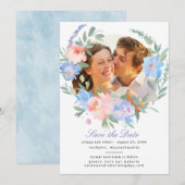 Dusty Blue Blush Pink Floral Wreath Wedding Save The Date (Voorkant / Achterkant)