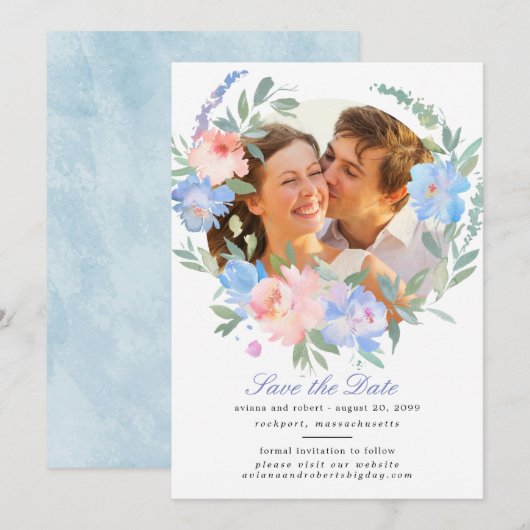 Dusty Blue Blush Pink Floral Wreath Wedding Save The Date (Voorkant / Achterkant)