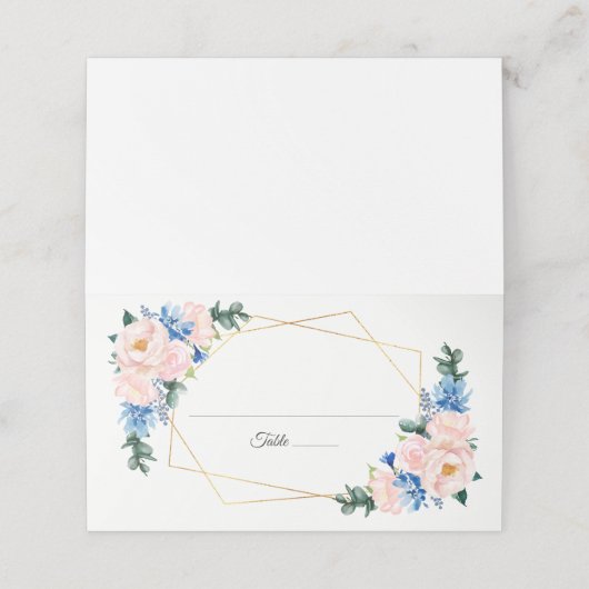 Dusty Blue Blush Pink Geometric Floral Wedding Plaatskaartje (Buitenkant ongevouwen)
