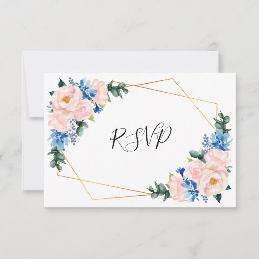 Dusty Blue Blush Pink Geometric Floral Wedding RSVP Kaartje (Voorkant)