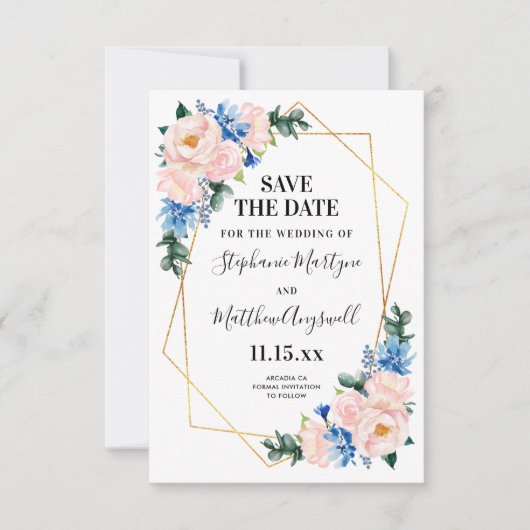 Dusty Blue Blush Pink Geometric Floral Wedding Save The Date (Voorkant)