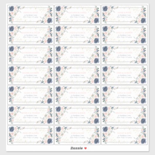 Dusty Blue Blush Pink Gold Floral Guest Address Sticker (Vel)