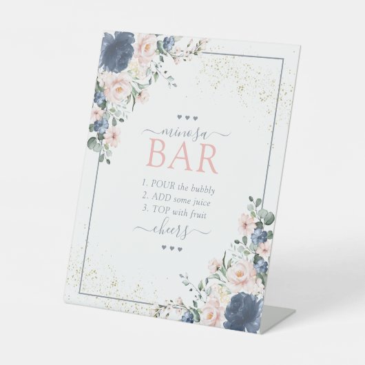 Dusty Blue Blush Pink Gold Floral Minosa Bar Reclamebord Met Voetstuk (Voorkant)