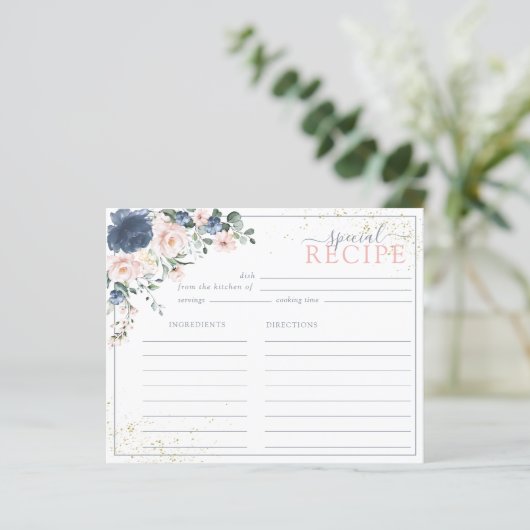 Dusty Blue Blush Pink Gold Floral Recipcard (Staand voorkant)