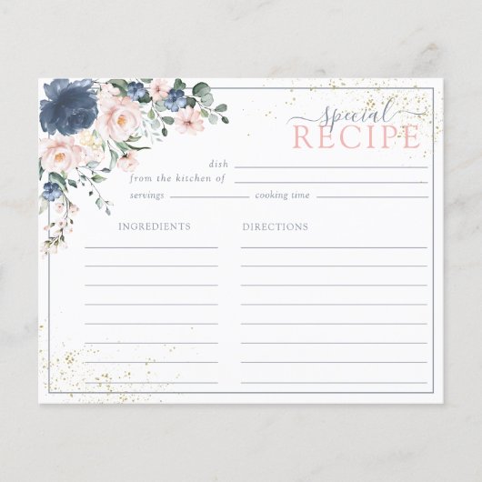 Dusty Blue Blush Pink Gold Floral Recipcard (Voorkant)