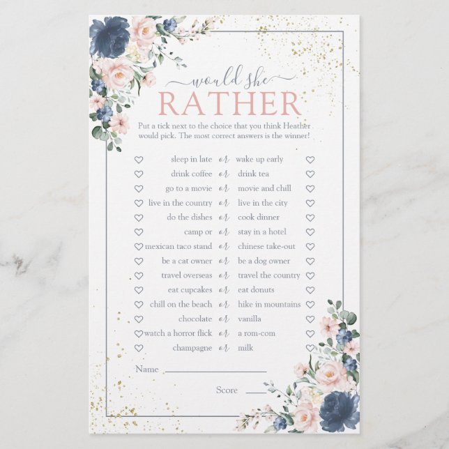 Dusty Blue Blush Pink Gold Floral Shower Game (Voorkant)