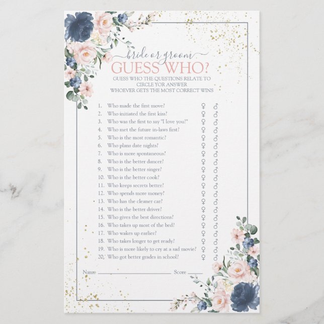 Dusty Blue Blush Pink Gold Floral Shower Game (Voorkant)