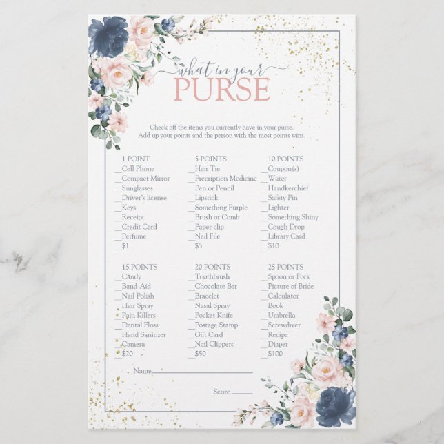 Dusty Blue Blush Pink Gold Floral Shower Game (Voorkant)