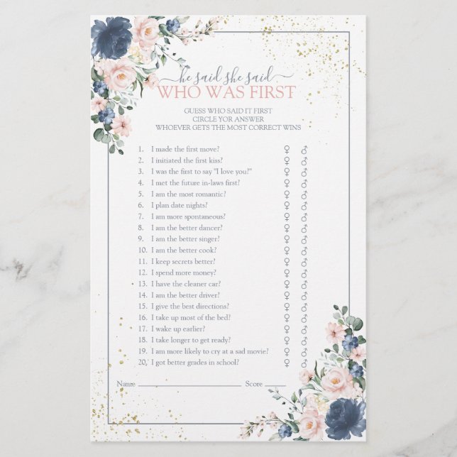 Dusty Blue Blush Pink Gold Floral Shower Game (Voorkant)