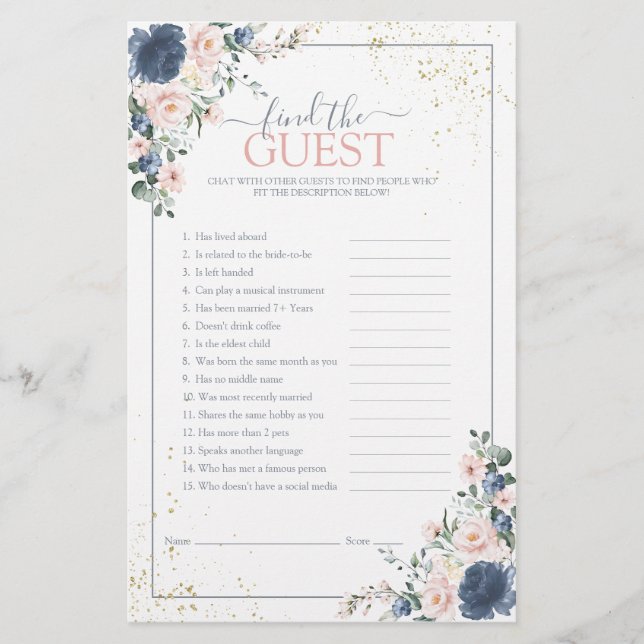 Dusty Blue Blush Pink Gold Floral Shower Game (Voorkant)