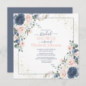 Dusty Blue Blush Pink Gold Floral Square Shower Kaart (Voorkant / Achterkant)