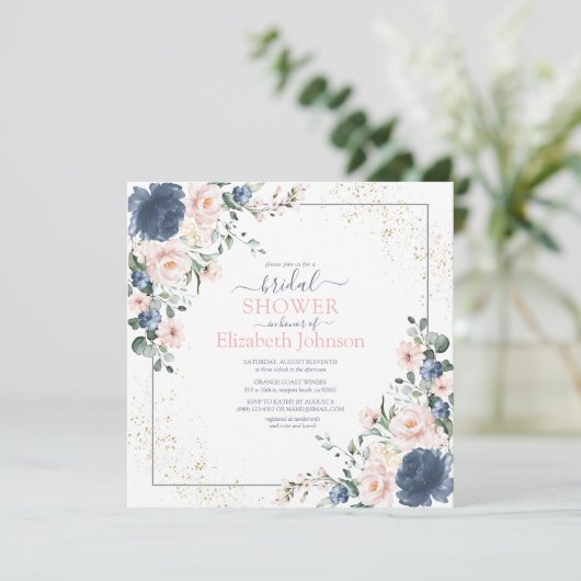 Dusty Blue Blush Pink Gold Floral Square Shower Kaart (Staand voorkant)