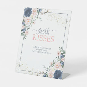 Dusty Blue Blush Pink Gold Hoeveel Kisses Reclamebord Met Voetstuk