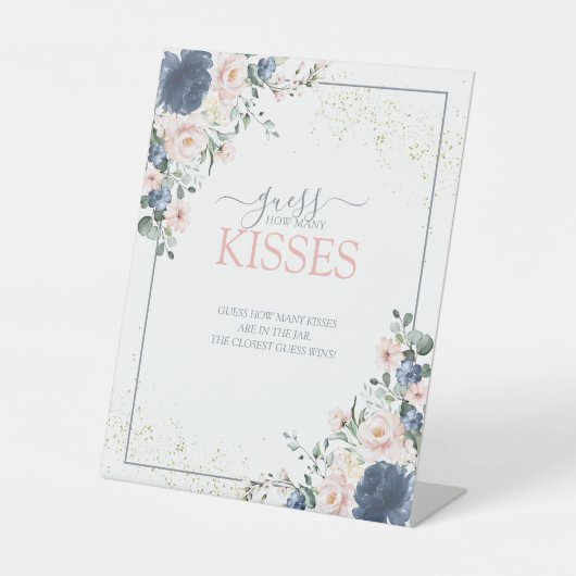 Dusty Blue Blush Pink Gold Hoeveel Kisses Reclamebord Met Voetstuk (Voorkant)