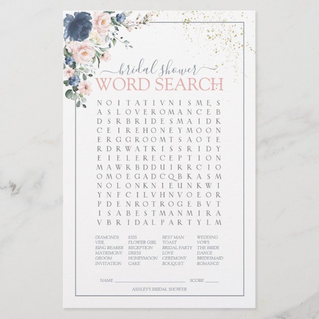 Dusty Blue Blush Pink Gold Word Search Game (Voorkant)