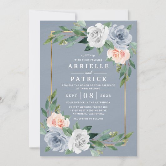 Dusty Blue Blush Pink Peach Floral Wedding Kaart (Voorkant)