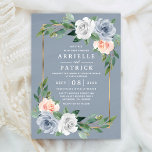 Dusty Blue Blush Pink Peach Floral Wedding Kaart<br><div class="desc">Dusty Blue Gold Blush Pink Peach Floral Wedding Invitations - design is voorzien van een waterverf stoffige blauwe achtergrond met een gedrukt gouden lijst in eucalyptus en groen met bloemelementen in grijs-wit,  stoffig blauw en wazig roze/perzige roze/perzik. Uitzicht het collectie op deze pagina om passende producten te vinden.</div>