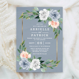 Dusty Blue Blush Pink Peach Floral Wedding Kaart