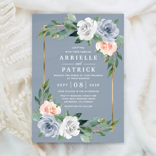 Dusty Blue Blush Pink Peach Floral Wedding Kaart
