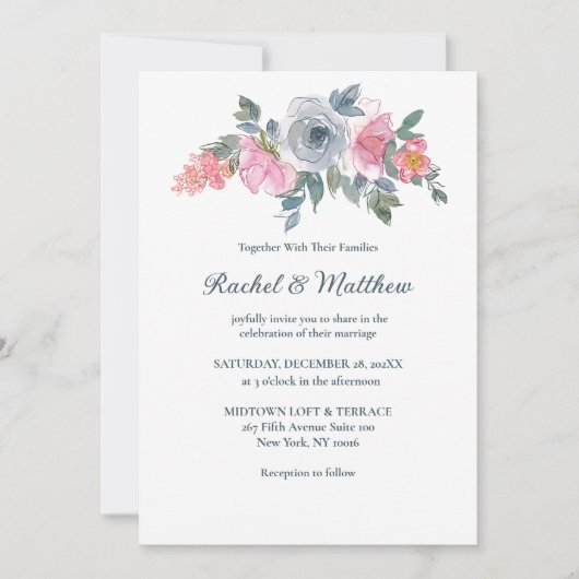 Dusty Blue & Blush Pink Waterverf Floral Wedding Kaart (Voorkant)