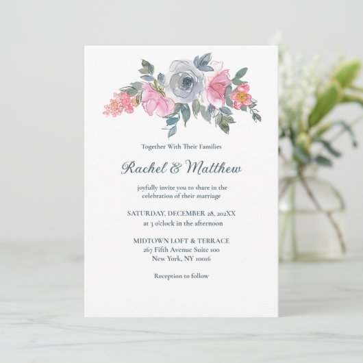 Dusty Blue & Blush Pink Waterverf Floral Wedding Kaart (Staand voorkant)
