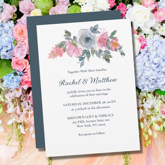 Dusty Blue & Blush Pink Waterverf Floral Wedding Kaart
