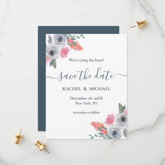 Dusty Blue & Blush Pink Waterverf Floral Wedding Save The Date (Voorkant / Achterkant in situ)