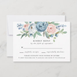 Dusty Blue & Blush Roos Bruiloft Maaltijd Keuze RS RSVP Kaartje
