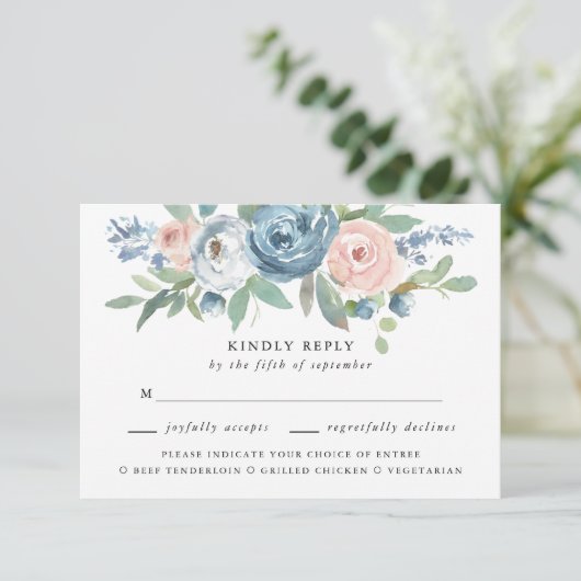 Dusty Blue & Blush Roos Bruiloft Maaltijd Keuze RS RSVP Kaartje (Staand voorkant)