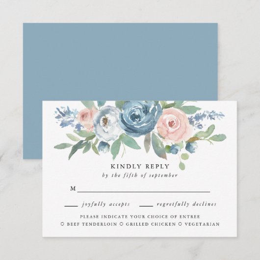 Dusty Blue & Blush Roos Bruiloft Maaltijd Keuze RS RSVP Kaartje (Voorkant / Achterkant)