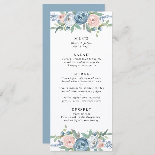 Dusty Blue & Blush Roos Bruiloft Menu (Voorkant / Achterkant)