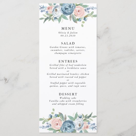 Dusty Blue & Blush Roos Bruiloft Menu (Voorkant)