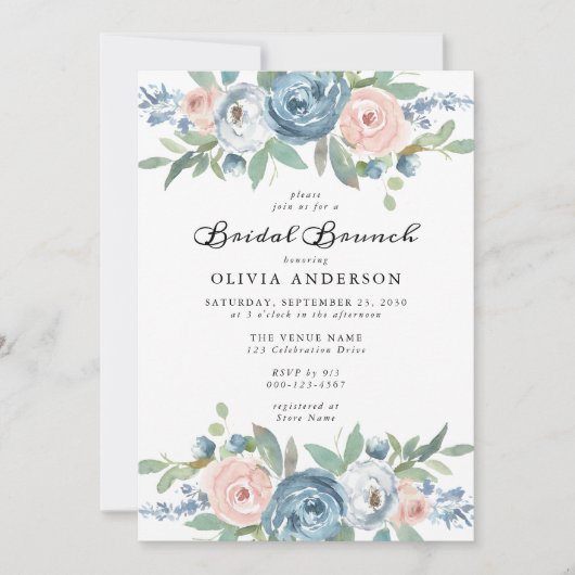 Dusty Blue & Blush Roos Floral Bridal Brunch Kaart (Voorkant)