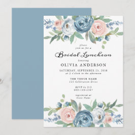 Dusty Blue & Blush Roos Floral Bridal Luncheon Kaart