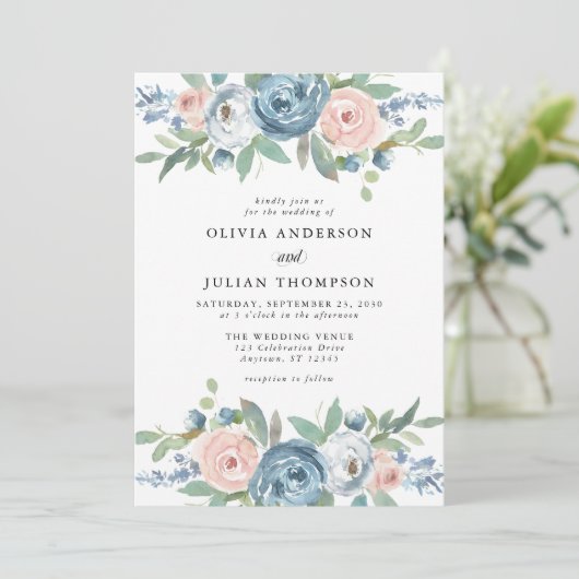 Dusty Blue & Blush Roos Floral Waterverf Wedding Kaart (Staand voorkant)
