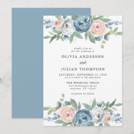 Dusty Blue & Blush Roos Floral Waterverf Wedding Kaart