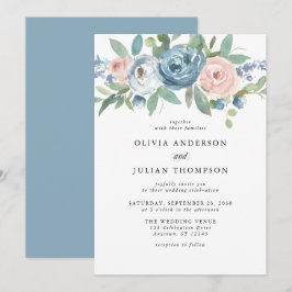 Dusty Blue & Blush Roos Floral Waterverf Wedding Kaart