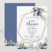 Dusty Blue Blush Roze Bloemen Baby shower Kaart (Voorkant / Achterkant)