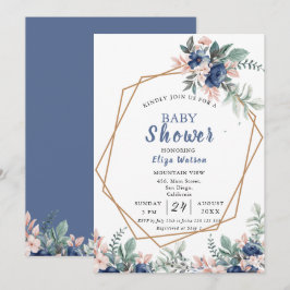 Dusty Blue Blush Roze Bloemen Baby shower Kaart