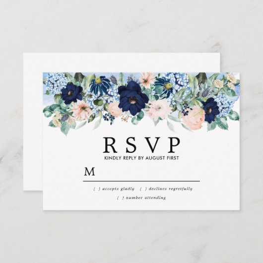 Dusty Blue Blush Roze Bloemen Bruiloft RSVP (Voorkant / Achterkant)