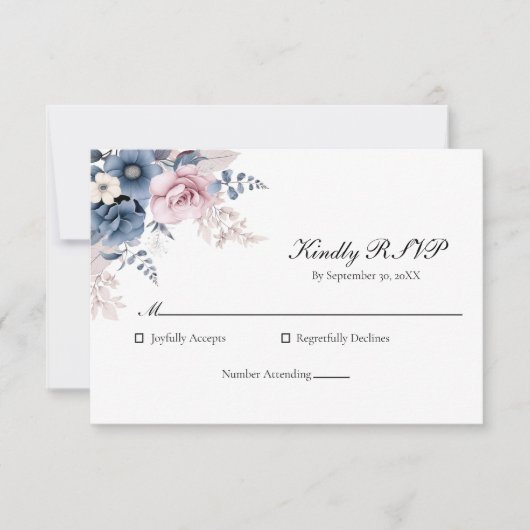Dusty Blue Blush Roze Bloemen Elegante bruiloft RSVP Kaartje (Voorkant)