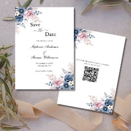Dusty Blue Blush Roze Bloemen Elegante QR-code Save The Date