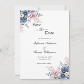 Dusty Blue Blush Roze Bloemen Elegante QR-code Save The Date (Voorkant)