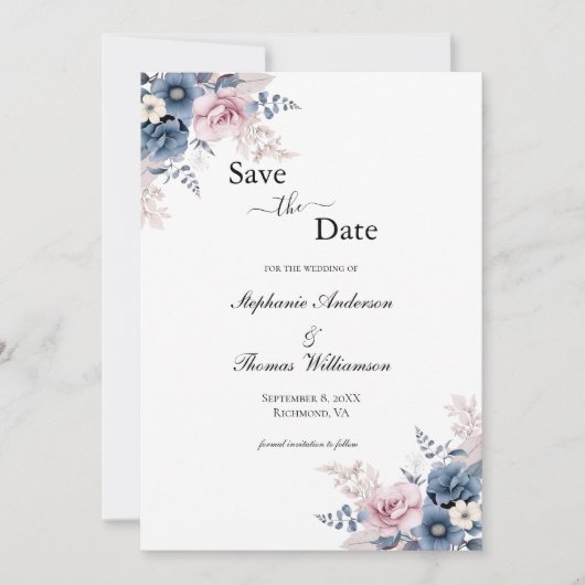 Dusty Blue Blush Roze Bloemen Elegante QR-code Save The Date (Voorkant)