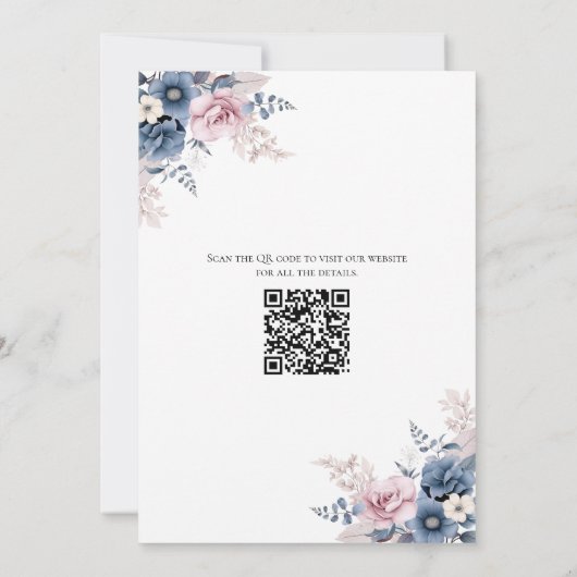 Dusty Blue Blush Roze Bloemen Elegante QR-code Save The Date (Achterkant)