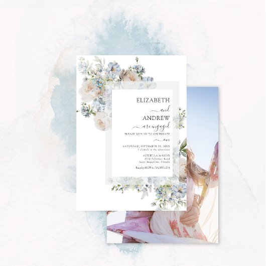 Dusty Blue & Blush Roze Bloemen Foto Verloving Kaart